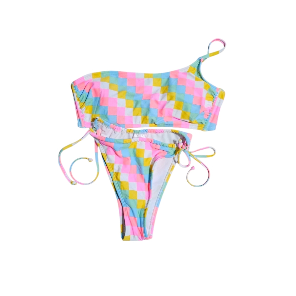 Xhilration Colorblock One Shoulder Bikini Set Women's Large